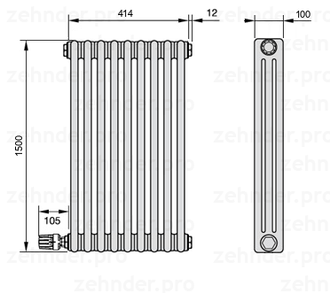 Схема (чертеж) Радиатор Zehnder Charleston 3150/9 №V004 Белый глянцевый RAL 9016